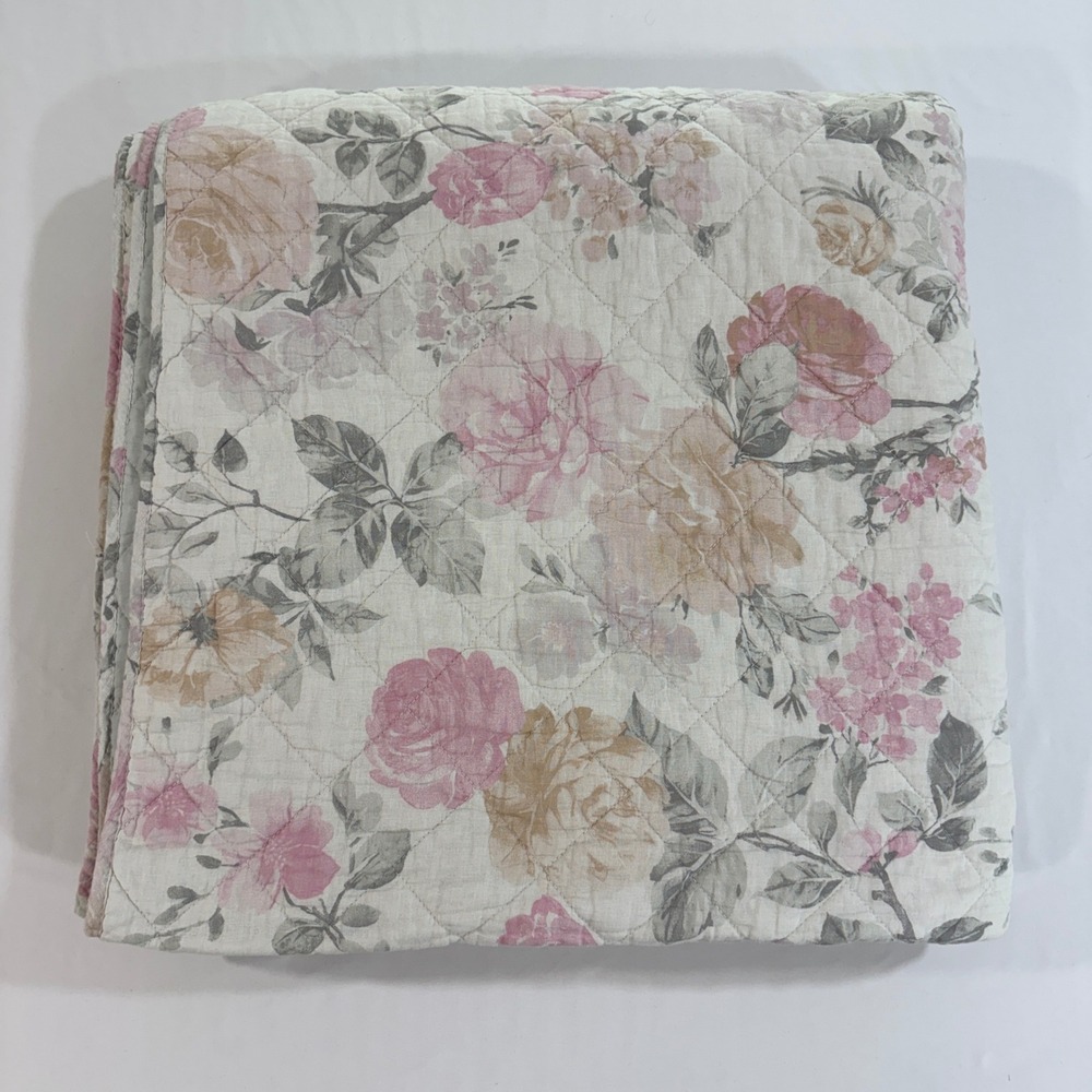 Shabby Chic Floral Linen Blend Quilt Full Queen Pink Sage Rose | Cottagecore